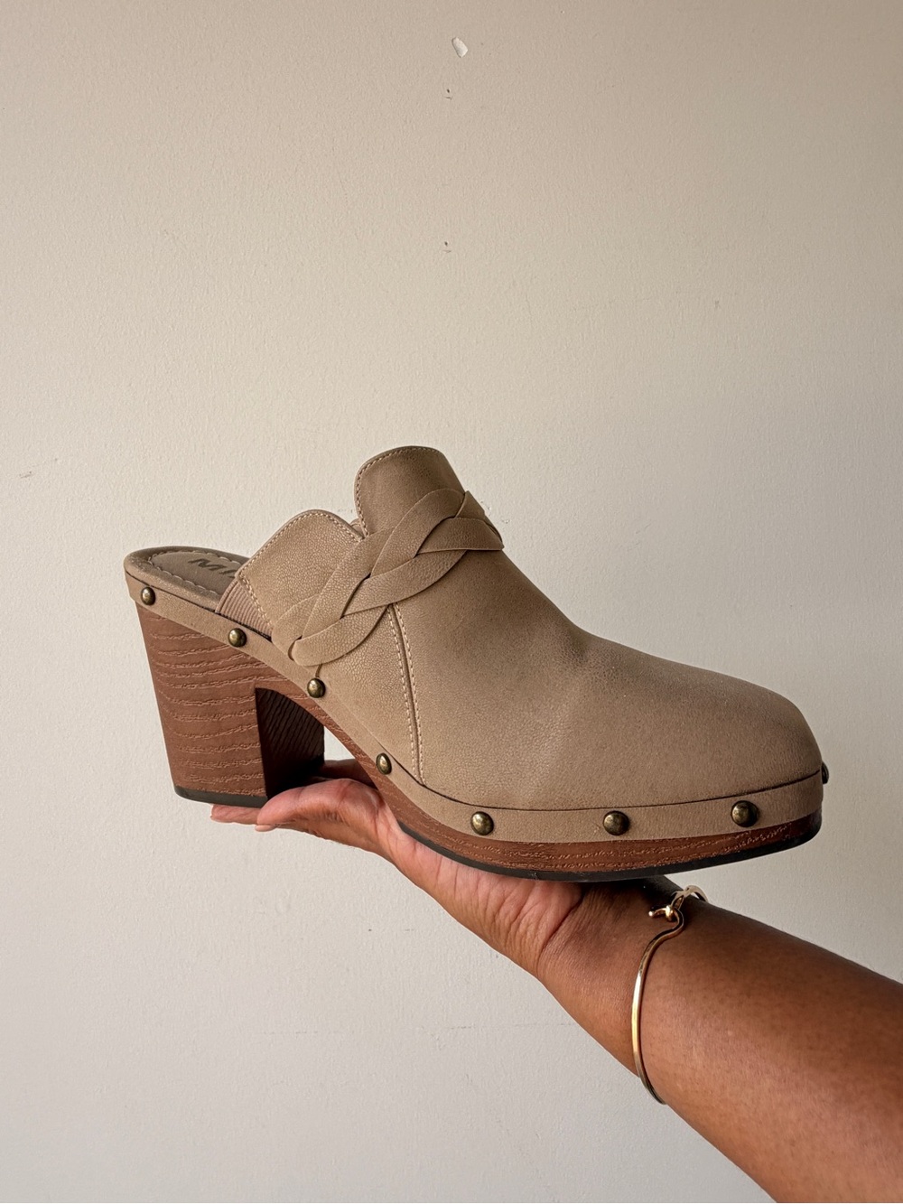MIA Taupe Braided Suede Clog Mule with Stud Detail